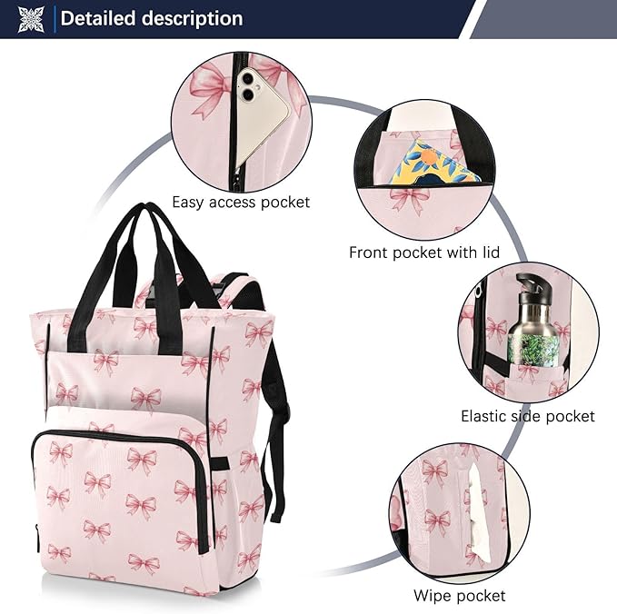 Emelivor Watercolor Bow Knot Pink Diaper Bag Backpack Large Capacity Travel Baby Bags Backpack Diaper Bags for Boy Girl Mama Travel Mom Dad