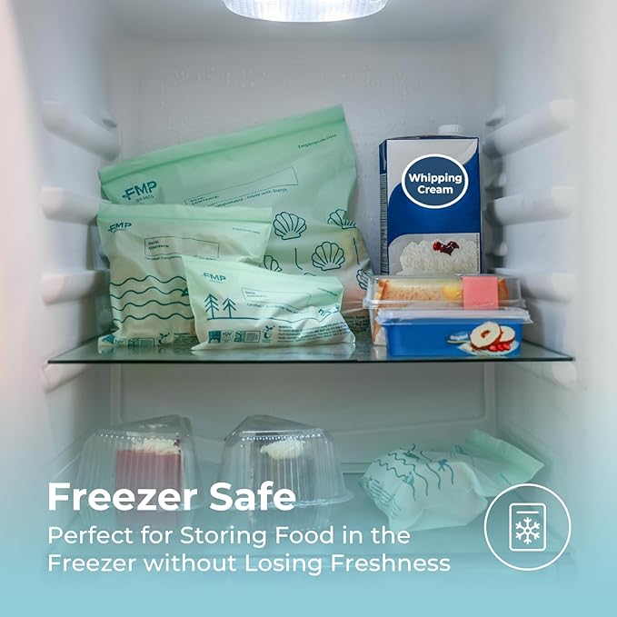 Fit Meal Prep 50 Pack 100% Compostable Food Storage Bags, 7 x 8" Resealable Freezer Bags Quart Size for Meat, Fruits, Plant-Based Sandwich Bag, ASTM D6400, US BPI & EU OK Compost Certified