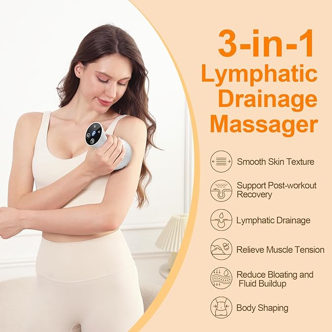 3-in-1 Handheld Lymphatic Drainage Massager with Red Light, Heat & Vibration - Cordless Anti Cellulite Massage Tool for Body Relaxation, 3 Modes & 9 Speeds for Belly, Legs, Thighs