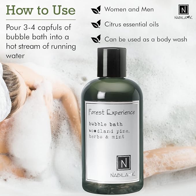 Forest Experience Bubble Bath with Pine, Herbs & Mint Scent by Nabila K - Essential Oils with Natural Ingredients for Sensitive Skin, Tear-Free, Gentle, Moisturizing - Luxury for Women & Men, 16 oz