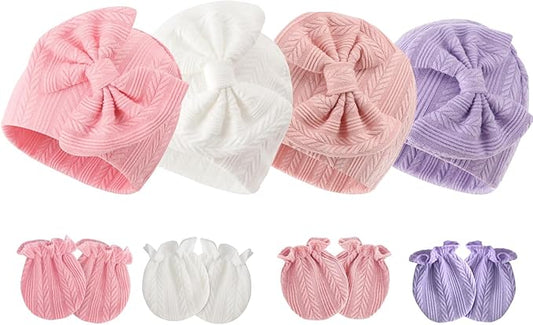 Newborn Baby Hats and Mittens Set Infant Bow Beanie Cap Toddler Gloves Newborn Hospital Hats for Baby Boy Girl 0-6 Months
