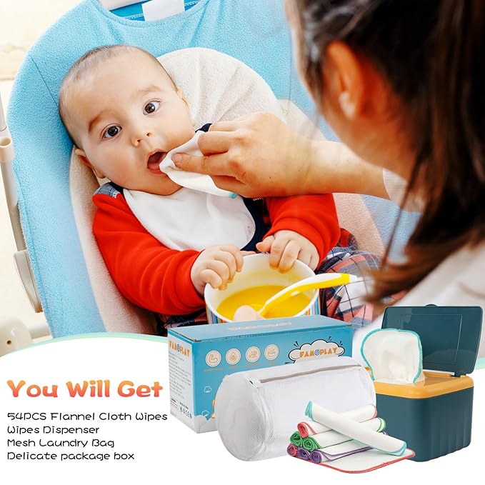 54 Packs Flannel Reusable Baby Wipes with Blue Wipes Dispenser, Reusable & Natural Skin-Friendly Cloth Baby Wipes, Body Face Hand Washcloth Essential for Cloth Diapers