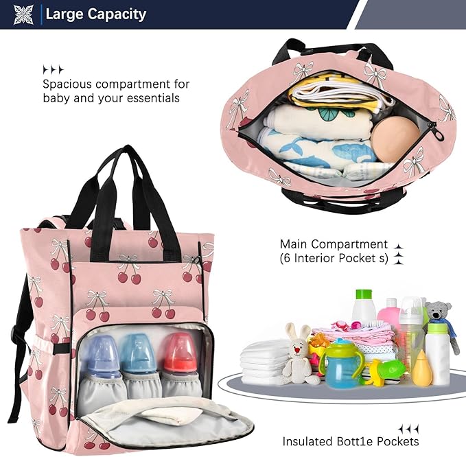 Emelivor Cherries Bow Pink Diaper Bag Backpack Large Capacity with Insulated Pockets Baby Bag Diaper Bags for Boy Girl Travel Shopping Mom Dad