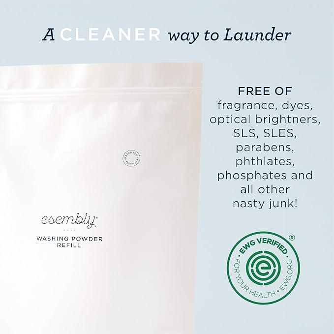 Esembly Laundry Washing Powder – HE Mineral Based Detergent for All Household Laundry and Cloth Diapers – Patented, Fragrance-Free, EWG Verified, Earth-Friendly, (6lb Refill Bag No Scoop)