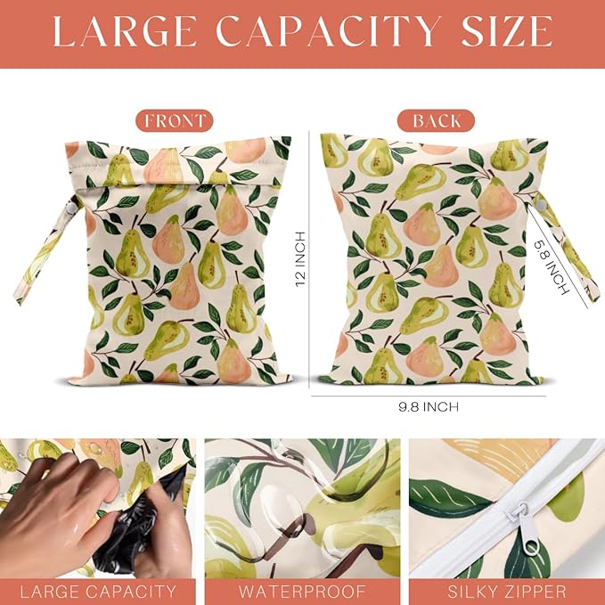 4 Pack Cute Fruit Wet Bag Waterproof Washable Reusable Wet Dry Bag for Swimsuit Dirty Clothes Bathing Cloth Diaper Travel Beach Pool Yoga Gym Toiletries Travel Beach Essentials Pear Lemon Peach