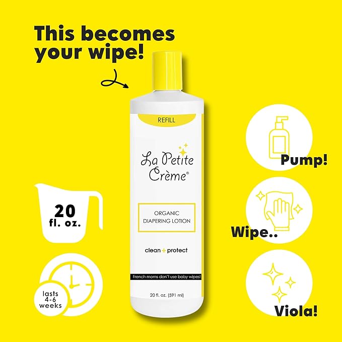 La Petite Creme French Premium Diapering Lotion - Diaper Cream Alternative to Baby Wipes - Gentle Moisturizer & Skin Cleanser with USDA Certified Organic Ingredients - Baby Essentials (20 oz)