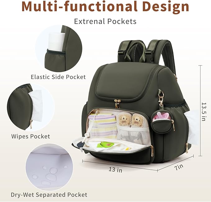 CEI-CEI Neoprene Diaper Bag Backpack Stylish Baby Maternity Bags Travel Tote for Mom with Insulated Pockets, Changing Pad, Stowable Shoulder Strap