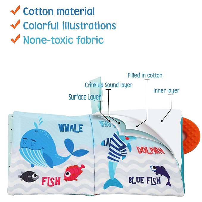 Baby Book Toy, Soft Cloth Crinkle Books for Babies with Teether, Infant Toys 0-3-6-12-18 Months, Shower Baby Gifts, Teething Toy for Boys Girls- Fish, Shark-1PCs