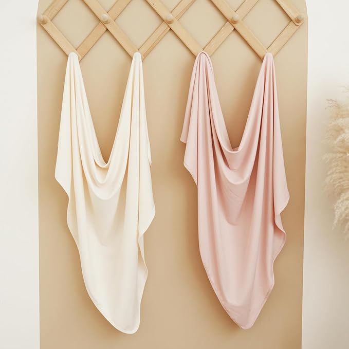 Konssy Knit Baby Blanket 2 Pack, Soft Ribbed Swaddle Receiving Blankets for Boys & Girls, Lightweight Cozy Swaddling Wrap for Newborns, Infants, & Toddlers, 33x42 Inch (Pink,Beige)