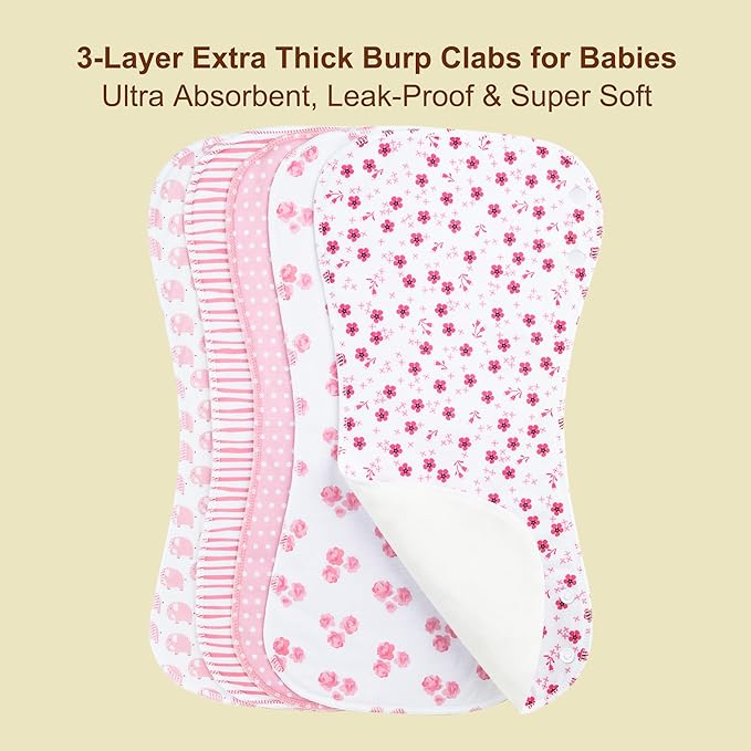 2-in-1 Burp Cloths and Baby Bibs - 6 Pack Large Super Absorbent Soft Cotton Burping Cloths for Spit Up, 3 Layers Thick Baby Burp Rags for Girls & Boys