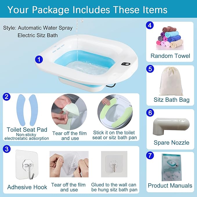 IRWPITW Sitz Bath, Electric Sitz Bath for Toilet Seat Hemorrhoids Postpartum Care Bowl, Sitz Baths Salts Tub for Women Men, Sits Bath Soak Pan, Butt Bath Basin, Portable, Water Spray Style, Blue