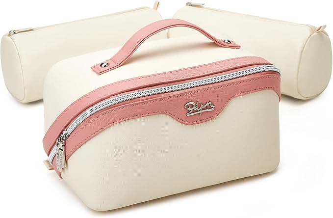 BOYATU Travel Makeup Bag Organizer Cosmetic Bag: 3 Pcs Set Make up Bags for Women with Handle - Waterproof Vegan Leather Toiletry Bags Travel Essentials Pouch with Compartments (D-02-White)