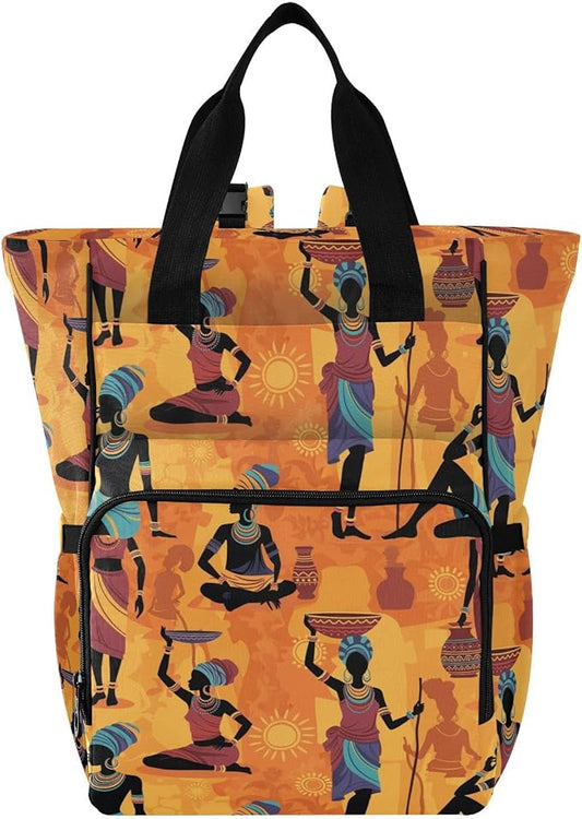Emelivor African Women Black Yellow Diaper Bag Backpack Large Capacity with Insulated Pockets Baby Bag Diaper Bags for Boy Girl Unisex Baby Women Travel