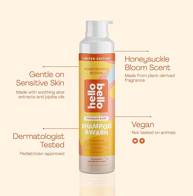 Hello Bello Ultra-Hydrating Baby Shampoo & Body Wash, Honeysuckle Bloom Scented, Tear Free & Safe for Sensitive Skin, Dermatologist Tested & Pediatrician Approved, 10oz Bottle