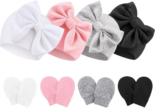 Newborn Baby Hats and Mittens Set Infant Bow Beanie Cap Toddler Gloves Newborn Hospital Hats for Baby Boy Girl 0-6 Months
