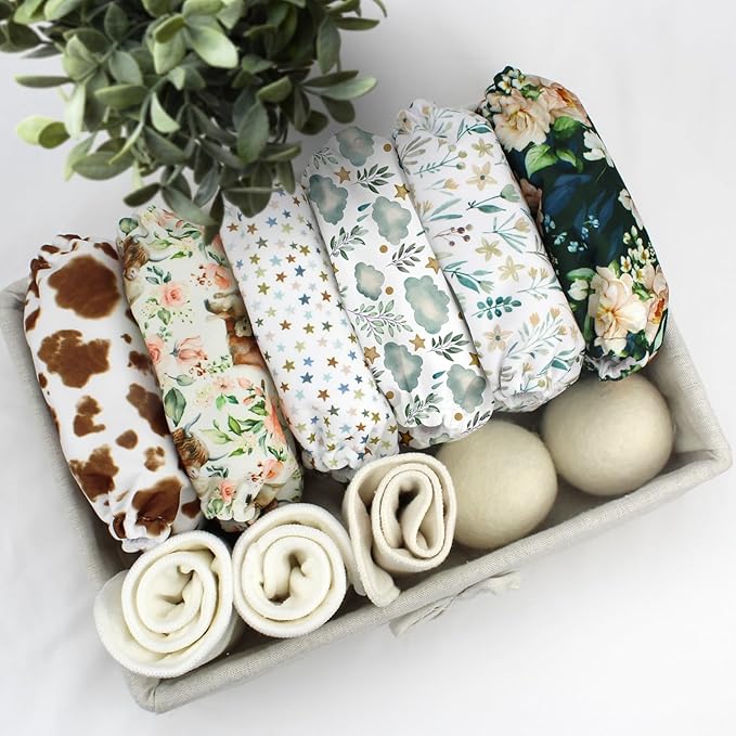 Mama Koala 3.0 Pocket Cloth Diapers for Babies with AWJ Lining, 6 Pack with 6 5-Layer Natural Cloth Diaper Inserts - Reusable and Washable Pocket Diapers(A-A Special Set)