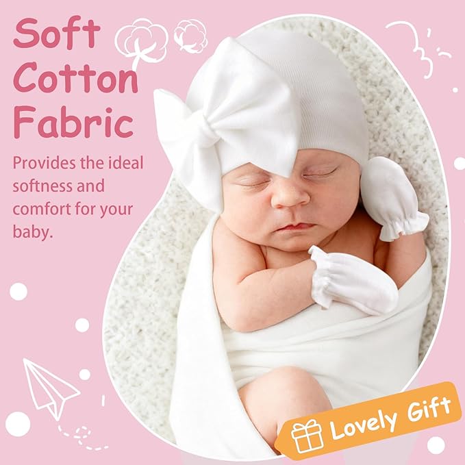 Newborn Baby Hats and Mittens Set Infant Bow Beanie Cap Toddler Gloves Newborn Hospital Hats for Baby Boy Girl 0-6 Months