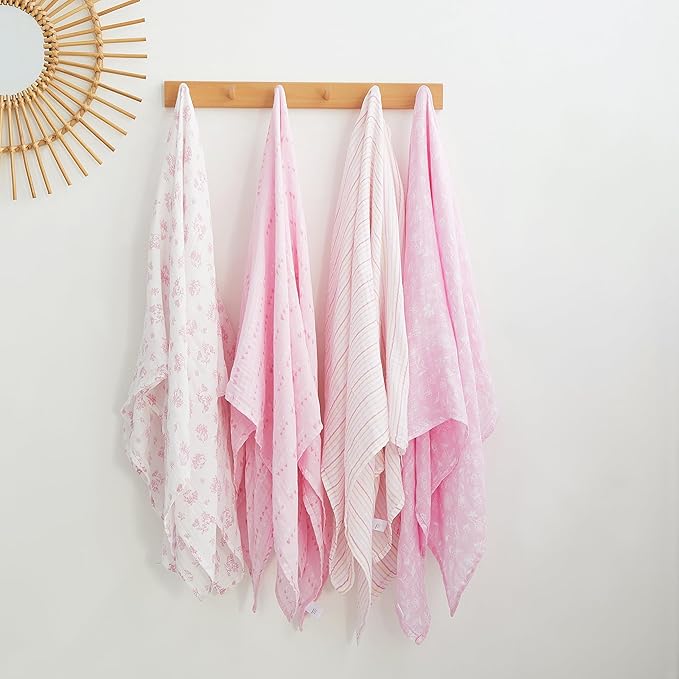 Viviland Muslin Swaddle Blankets, Swaddle Wrap for Boys and Girls, Breathable and Skin-Friendly Baby Receiving Blankets, Baby Essentials, 4-Pack Flowers & Heart, 47 x 47 inches