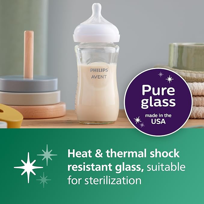 Philips Avent Natural Glass Baby Bottles with Natural Response Nipples (Medium Flow, Flow 3), 8oz, 4-Pack, SCY913/04