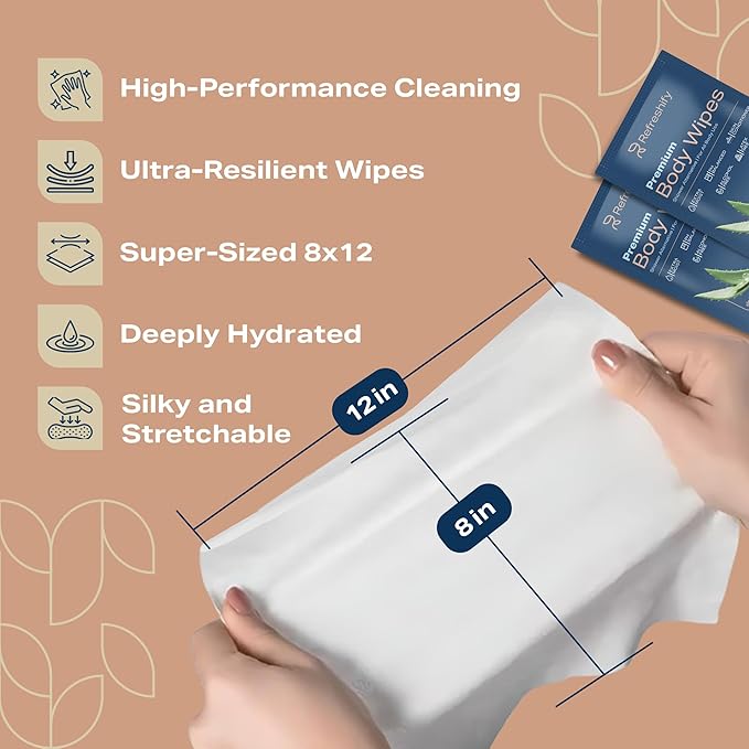 XL Aloe Vera Shower Body Wipes for Adults 8" x 12" (200 count) Adult Wipes for Elderly, Shower Body for Adults Bathing No Rinse, Vitamin E +4 Travel