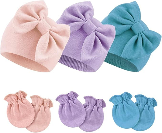 BQUBO Newborn Girls Hats Baby Hat and Mittens Set Infant Caps Bow Hospital Beanie with No Scratch Mittens for Baby Boys Girls