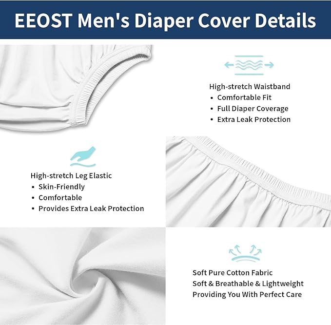 Adult Diaper Cover for Incontinence Noiseless Leak-Protection Underwear Plastic Pants Over Diapers Waterproof Rubber Pants (White, M(Men Size))