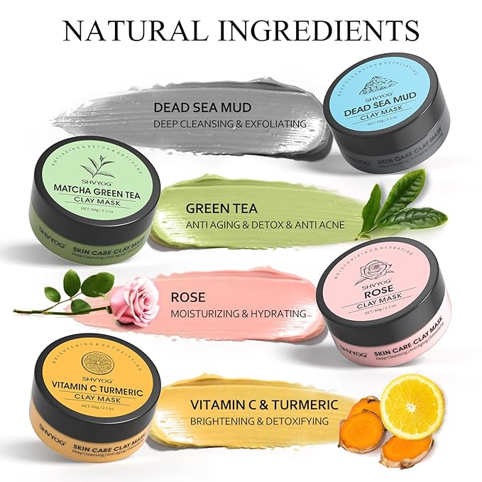 4 Pcs Clay Facial Mask Set - Turmeric, Vitamin C, Green Tea, Dead Sea Mud, and Rose Clay Skin Care Mask for Deep Cleansing, Moisturizing, and Refining Pores - 240g