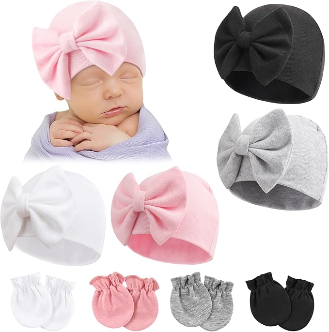 Newborn Baby Hats and Mittens Set Infant Bow Beanie Cap Toddler Gloves Newborn Hospital Hats for Baby Boy Girl 0-6 Months
