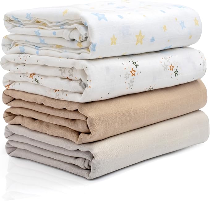 Salt Earth GOTS Certified 100% Organic Cotton 2-Layered Swaddle Baby Blanket, 4 Pack, 47"x 47" Receiving Blankets for Swaddling, Wrap for Boy & Girl, Newborn Baby Essentials, Registry (Solids & Stars)