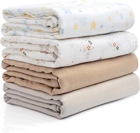 Salt Earth GOTS Certified 100% Organic Cotton 2-Layered Swaddle Baby Blanket, 4 Pack, 47"x 47" Receiving Blankets for Swaddling, Wrap for Boy & Girl, Newborn Baby Essentials, Registry (Solids & Stars)