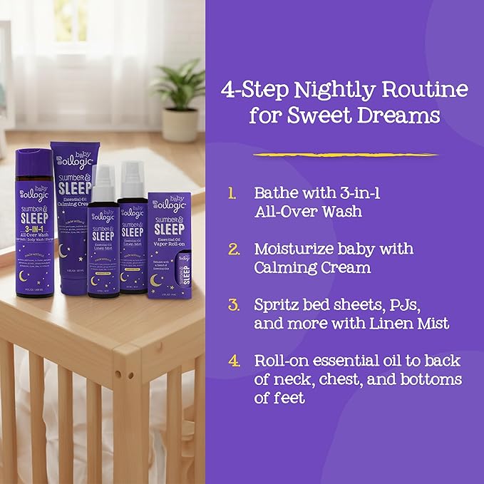 Oilogic Slumber & Sleep Bath Baby Essentials Gift Set - Includes All Over Wash, Calming Cream, Sleep Spray & Roll-On Essential Oils - Pediatrician-Tested Sleep, Comfort & Wellness Blends for Babies
