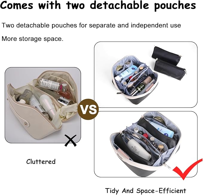 BOYATU Travel Makeup Bag Organizer Cosmetic Bag: 3 Pcs Set Make up Bags for Women with Handle - Waterproof Vegan Leather Toiletry Bags Travel Essentials Pouch with Compartments (D-03-Black)