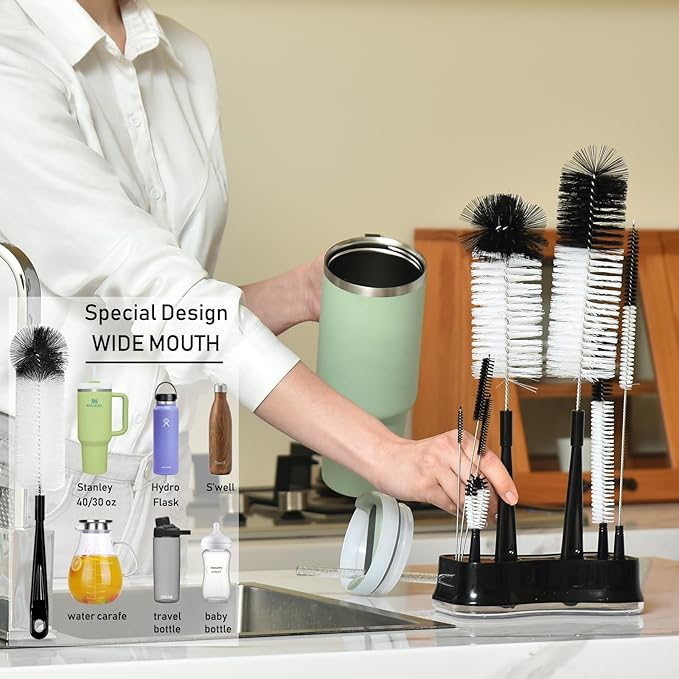 ALINK 8 Pack Black Bottle Brush Cleaning Set with Stand, Long Handle Bottle Cleaner with Holder for Narrow Neck Beer Wine Brewing Bottles, Stanley Water Bottles, Baby Bottles, Tumblers, Carafe, Straws