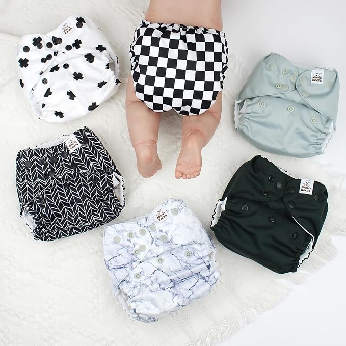 Mama Koala 3.0 Pocket Cloth Diapers for Babies with AWJ Lining, 6 Pack with 6 4-Layer Natural Cloth Diaper Inserts - Reusable and Washable Pocket Diapers (Black and White)