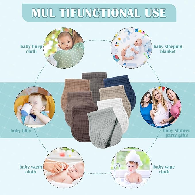 Frienda 8 Pieces Muslin Burp Cloths for Baby Cotton Burp Cloth 10 x 20 Inches Multi Colors Muslin Washcloths Diapers 4 Absorbent Layers Newborn Face Towels for Baby Boy Girl Unisex (Dark Color)