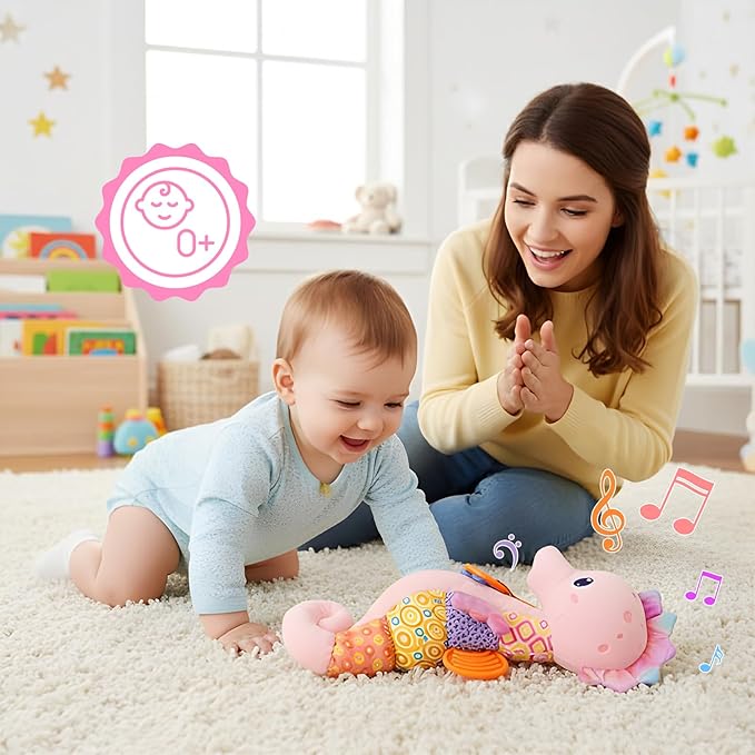 Baby Toys 0-6 Months,Infant Musical Seahorse Stuffed Animals Sensory Toys with Bright Colors,Multiple Textures,Rattles & Crinkle Sound Paper,Soft Tummy Time Toy for Newborn Boys Girls 0-12 Months-Pink