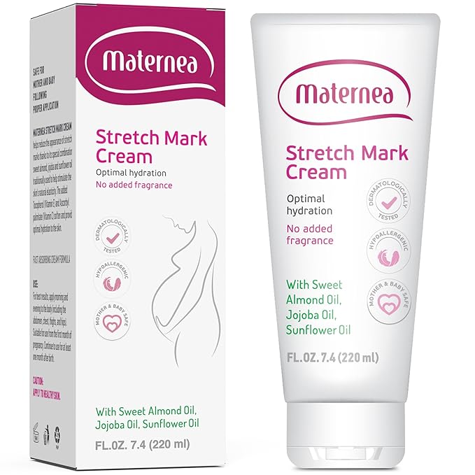 Stretch Mark Cream for Pregnancy – Nourishing Maternity Skin Care with Almond, Jojoba Oils, Vitamins C and E – Helps Hydrate and Improve The Look of Stretching Skin – 7.44 FL. OZ. (220ml)