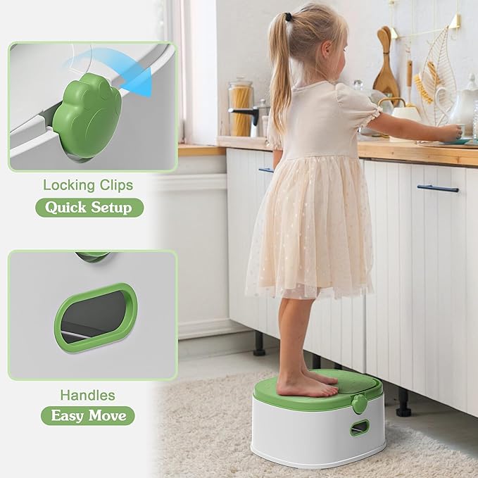 3-in-1 Potty Training Toilet, Portable Potty, Potty Training Seat and Toddler Step Stool, Easy Setup and Clean, Anti-Slip Toddler Potty Trainer for Boy Girl,Green