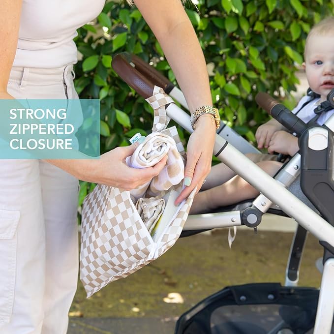 Bumkins - Waterproof Wet Bag & Clear Travel Bags - For Beach, Baby, Travel, Swim Suit, Cloth Diapers, Pump Parts, Pool, Gym, Toiletries - Reusable & Easy to Clean - Beige Check - 4 Pack