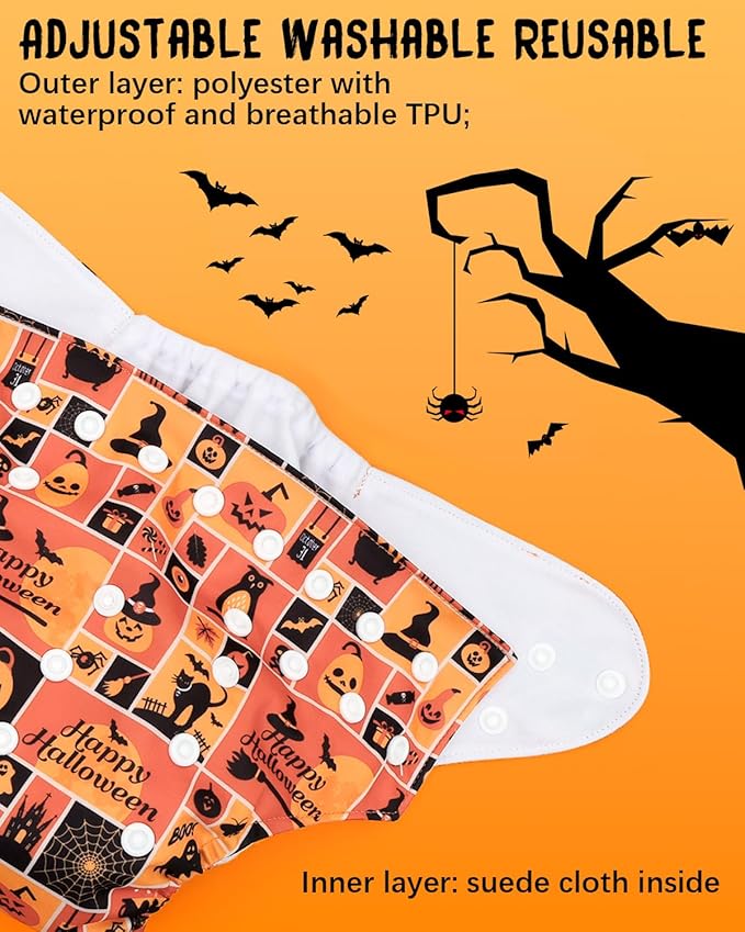 ALVABABY Halloween Baby Cloth Diapers 6 Pack with 12 Inserts Cloth Diaper Covers Adjustable Washable Reusable for Baby Girls and Boys 6QH05A