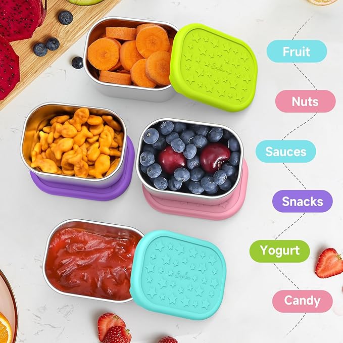 SOPHICO Stainless Steel Snack Containers for Kids, 8 oz Small Food Storage Container 1 Cup with Silicone Lid - Perfect 304 Metal Toddler Lunch Box for Daycare and School, Leak Proof (MIX, 4 PACK)