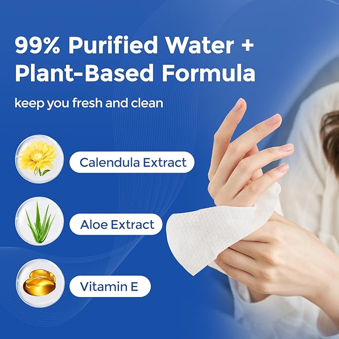 MATERN'ELLA Adult Wet Wipes, Cleansing Wash Cloths for Elderly Care, 99% Pure Water for Incontinence, Personal Bath, Alcohol-Free, 4 Flip-Top Packs(320 Wipes Total)