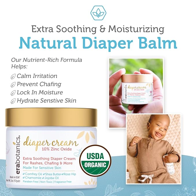 Era Organics Diaper Rash Cream For Baby - Extra Soothing and Moisturizing with Zinc Oxide, Organic Aloe Vera, Chamomile, Calendula Plus More - Gentle Butt Rash Moisturizer