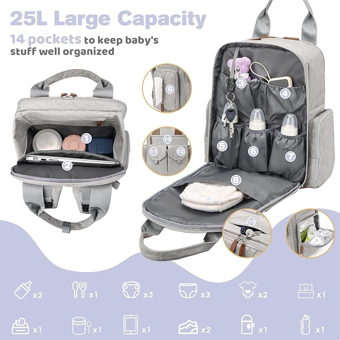 Diaper Bag Backpack - Large Diaper Bag with Portable Changing Pad as Baby Shower Gifts, Lightweight Waterproof Unisex Travel Baby Bag with 4 Insulated Pockets and Stroller Buckles, Light Grey