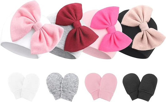 BQUBO Newborn Baby Hats Mittens Set Hospital Hat Beanie Infant Bow Hats Baby Gloves No Scratch Mittens for 0-6 Months