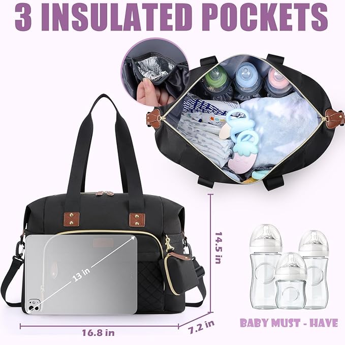 Tuwubi Diaper Bag Tote,Baby Diaper Bag with Pacifier Case Large Travel Diaper Tote Caddy for Mom and Dad Multifunction Large Baby Bag - Black