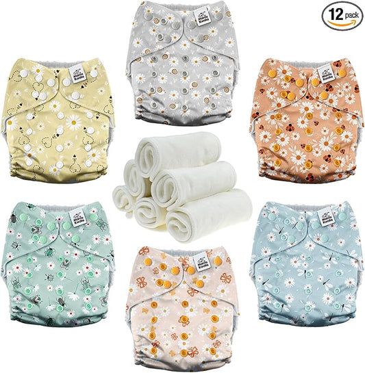 Mama Koala 3.0 Pocket Cloth Diapers for Babies with AWJ Lining, 6 Pack with 6 4-Layer Natural Cloth Diaper Inserts - Reusable and Washable Pocket Diapers(Garden Beetles)