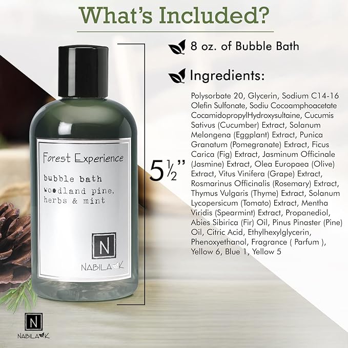 Forest Experience Bubble Bath with Pine, Herbs & Mint Scent by Nabila K - Essential Oils with Natural Ingredients for Sensitive Skin, Tear-Free, Gentle, Moisturizing - Luxury for Women & Men, 8 oz