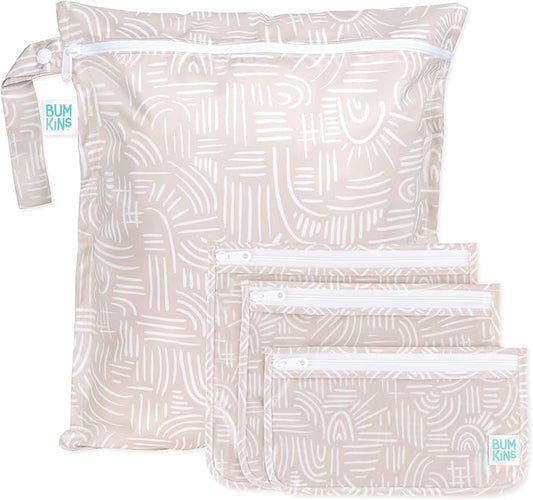 Bumkins - Waterproof Wet Bag & Clear Travel Bags - For Beach, Baby, Travel, Swim Suit, Cloth Diapers, Pump Parts, Pool, Gym, Toiletries - Reusable & Easy to Clean - Boho Beige - 4 Pack