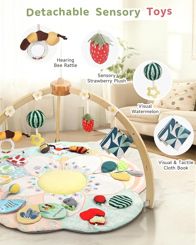 Baby Play Gym & Activity Mat, 5 Developmental Zones Tummy Time Mat with 4 Detachable Sensory Toys, Early Skills & Sensory Development Mat, Newborn Essentials Baby Shower Gift